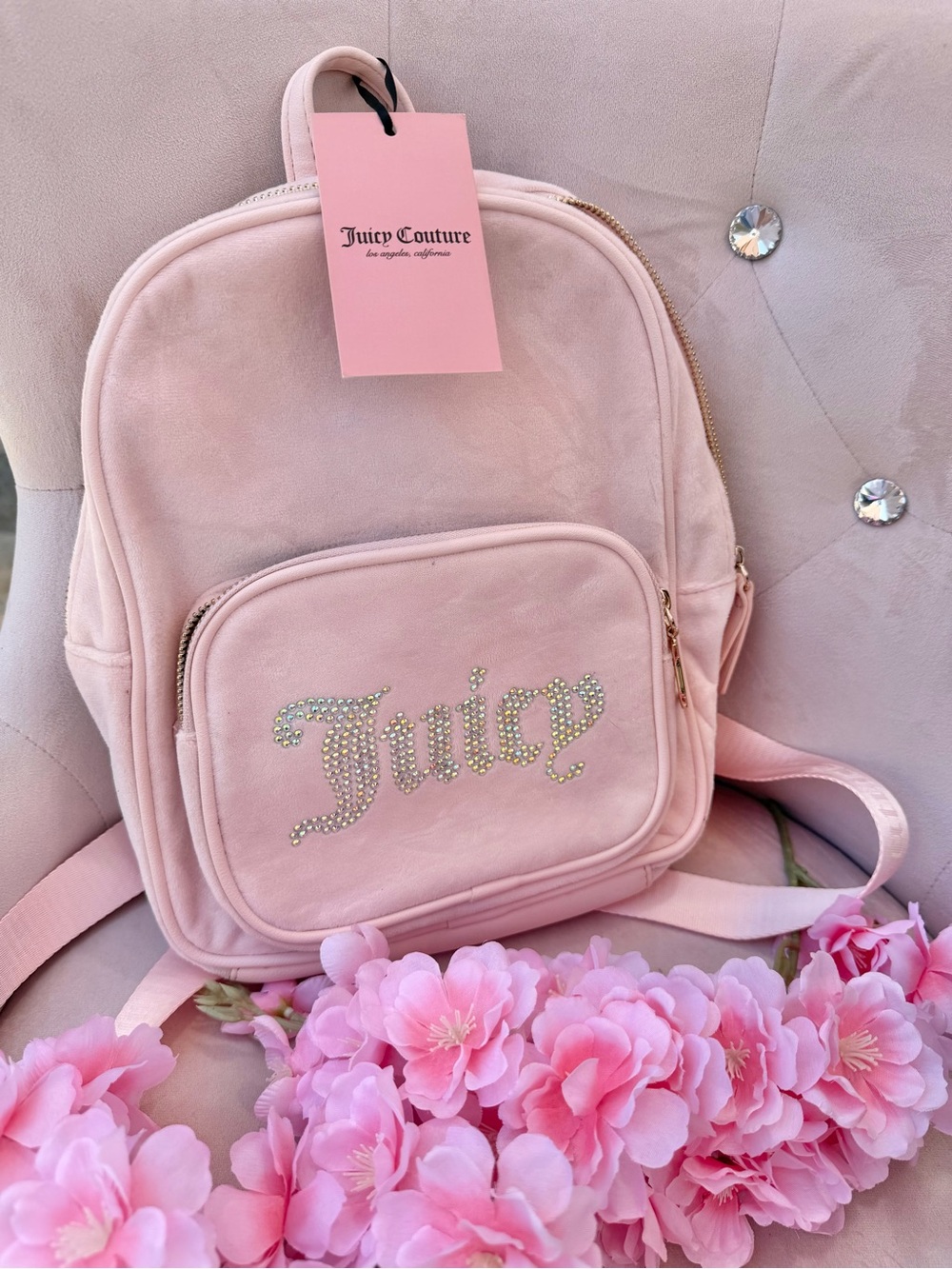 Juicy Couture Blush Pink Crystal-Logo Velvet Mini Backpack
